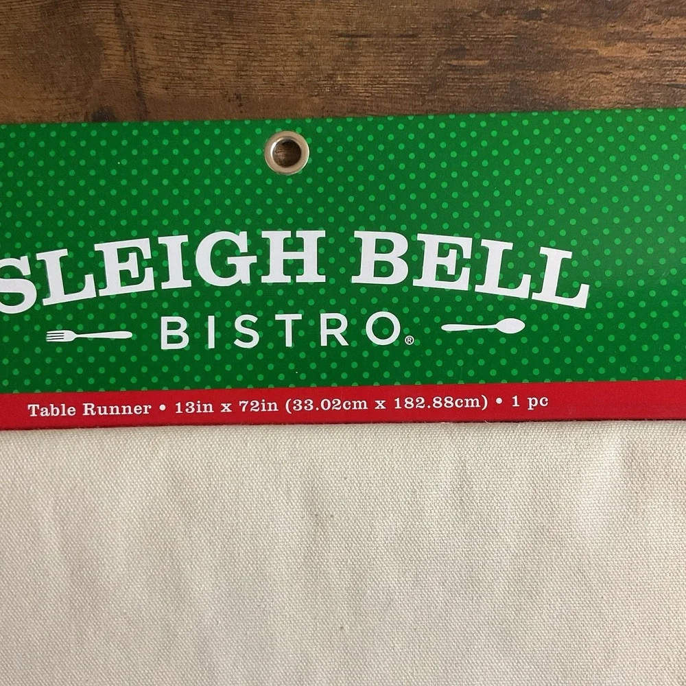 New Table Runner Sleighbell Bistro (13in‎ X 72in) Off White Red Green Bow
